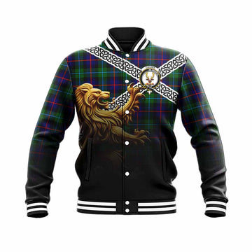 Tartan Vibes Clothing Calder Crest Tartan Baseball Jacket with Golden Lion Emblem Celtic Style