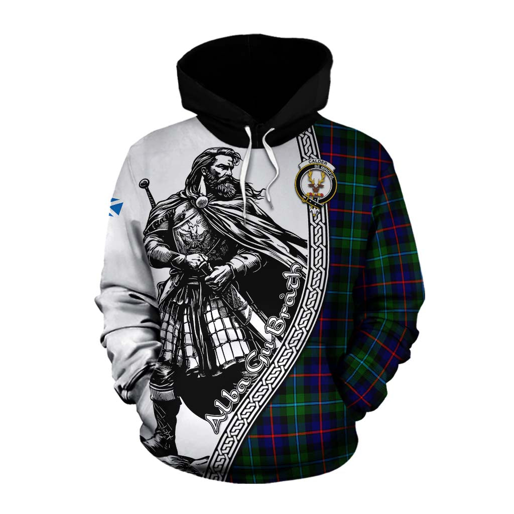 Tartan Vibes Clothing Calder Tartan Clan Crest Cotton Hoodie with Highlander Warrior Celtic Style