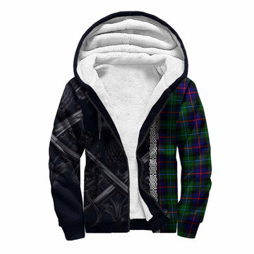 Calder Tartan Sherpa Hoodie with Family Crest Cross Sword Thistle Celtic Vibes