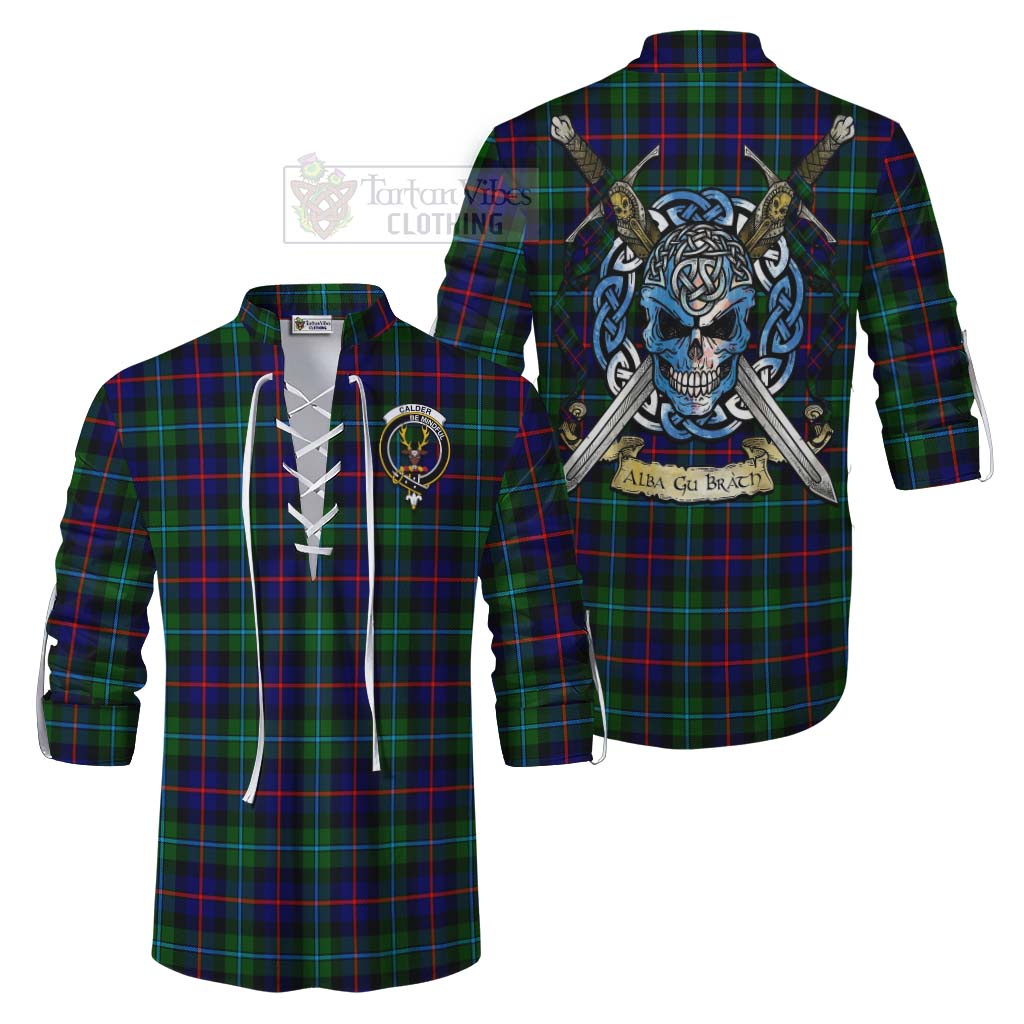 Tartan Vibes Clothing Calder Tartan Ghillie Kilt Shirt with Family Crest Celtic Skull Style