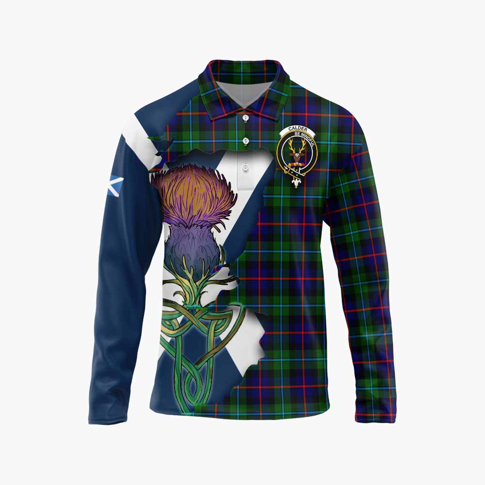 Tartan Vibes Clothing Calder Tartan Family Crest Long Sleeve Polo Shirt Scottish Thistle Celtic Inspired