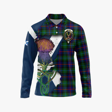 Tartan Vibes Clothing Calder Tartan Family Crest Long Sleeve Polo Shirt Scottish Thistle Celtic Inspired