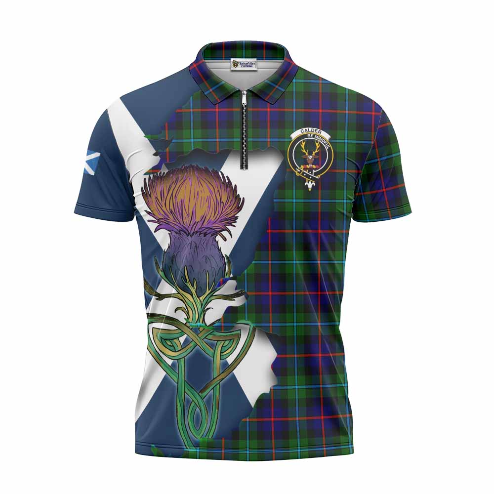 Tartan Vibes Clothing Calder Tartan Family Crest Zipper Polo Shirt Scottish Thistle Celtic Inspired
