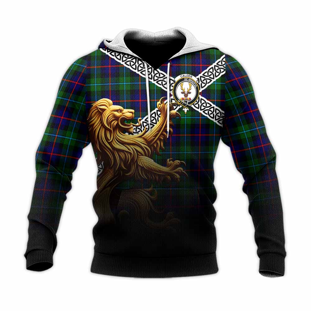 Tartan Vibes Clothing Calder Crest Tartan Knitted Hoodie with Golden Lion Emblem Celtic Style