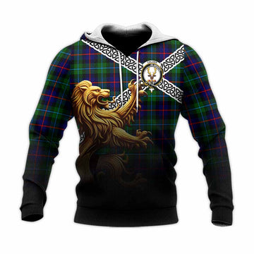 Calder Crest Tartan Knitted Hoodie with Golden Lion Emblem Celtic Style