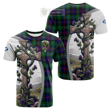 Calder Tartan Cotton T-shirt with Family Crest and St. Andrew's Cross Accented by Thistle Vines Kid's Shirt - Tartan Vibes Clothing