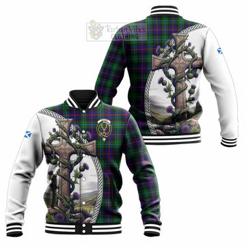 Calder Tartan Baseball Jacket with Family Crest and St. Andrew's Cross Accented by Thistle Vines Unisex - Tartan Vibes Clothing