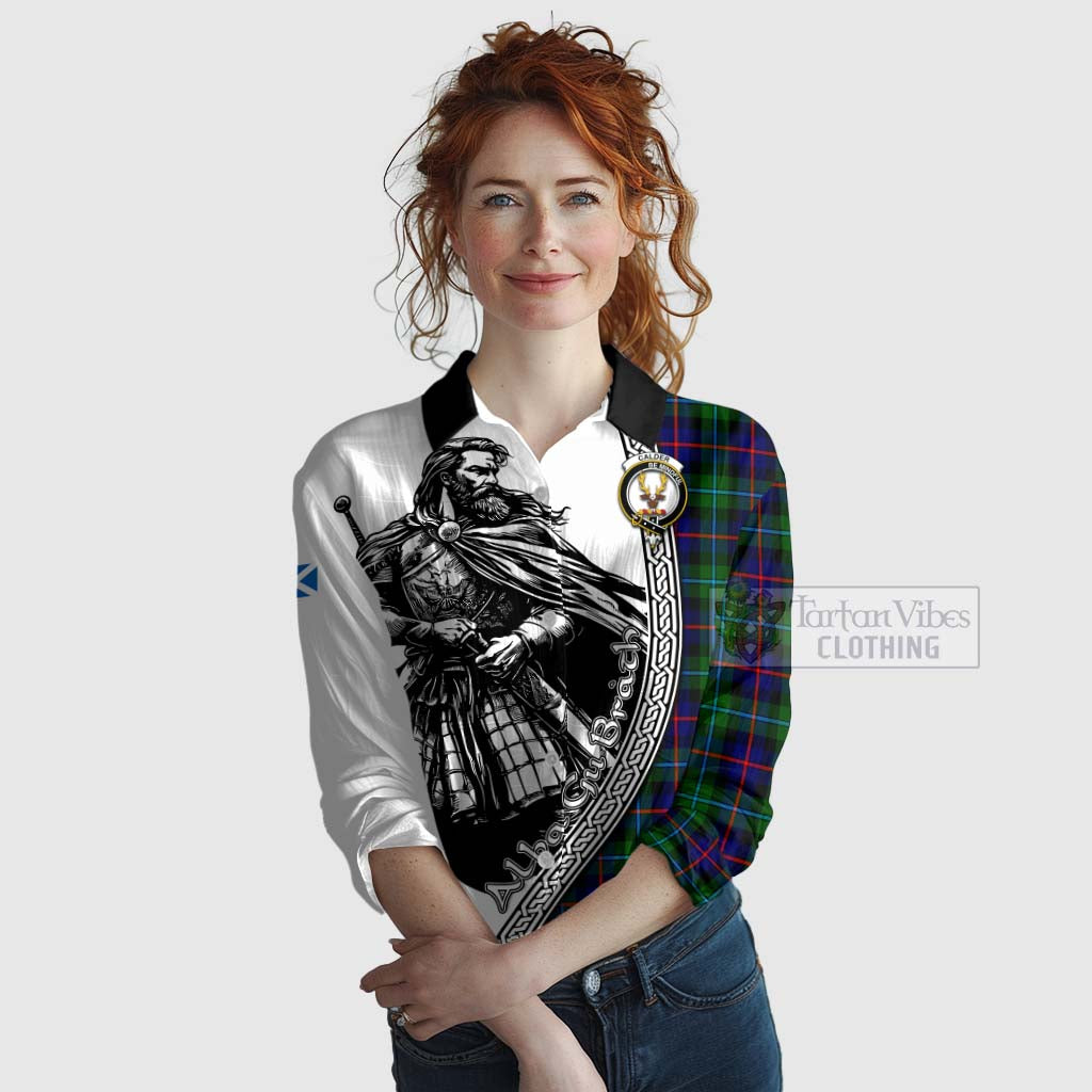 Tartan Vibes Clothing Calder Tartan Clan Crest Women's Casual Shirt with Highlander Warrior Celtic Style