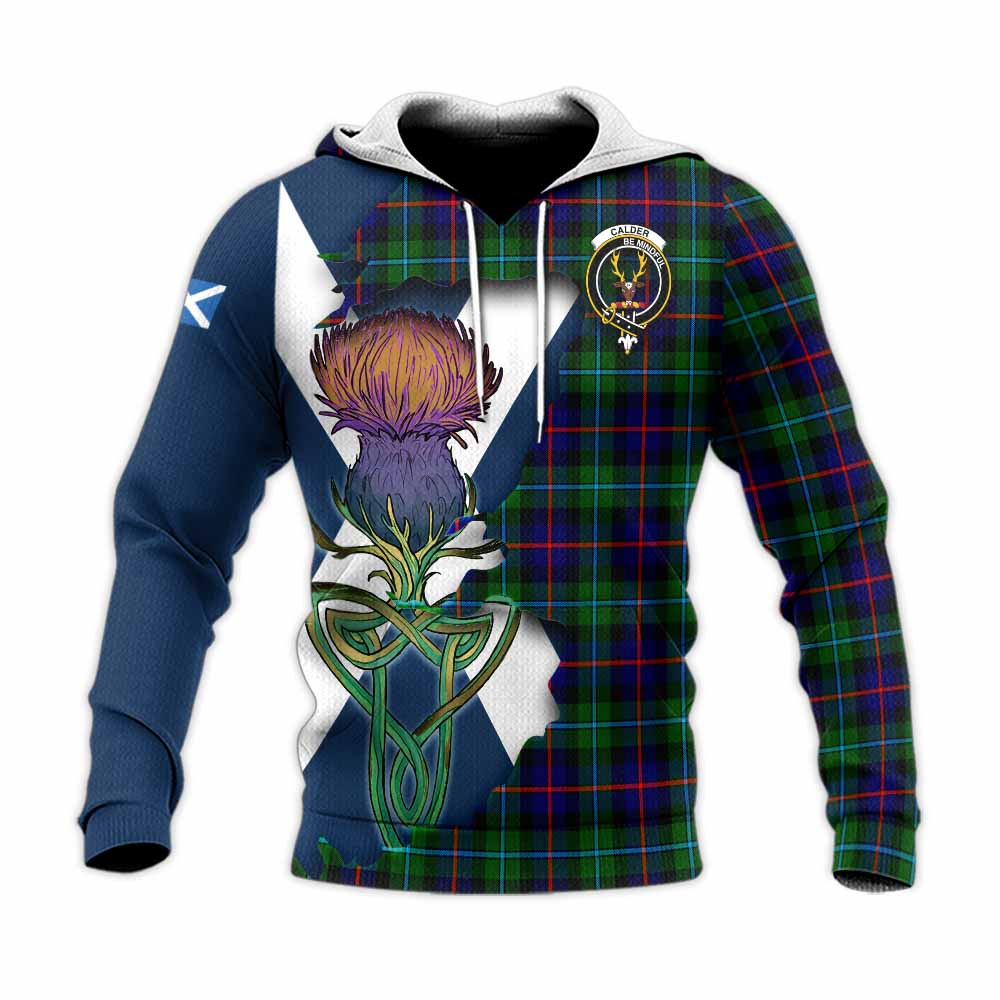 Calder Tartan Family Crest Knitted Hoodie Scottish Thistle Celtic Inspired Unisex Knitted Pullover Hoodie - Tartan Vibes Clothing