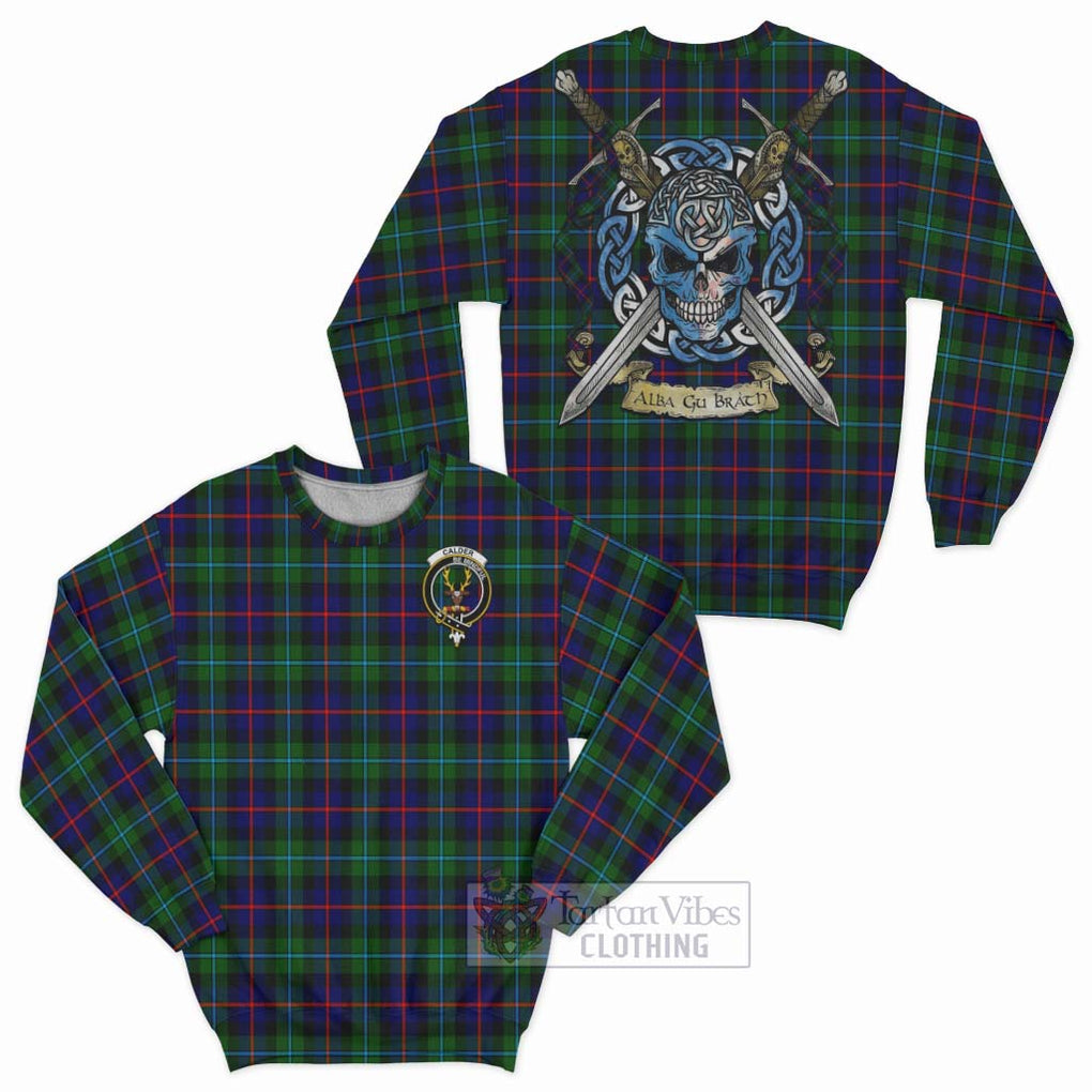 Calder Tartan Sweatshirt with Family Crest Celtic Skull Style Unisex - Tartan Vibes Clothing