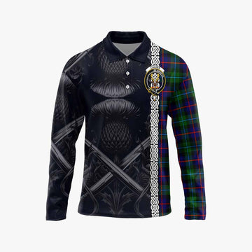Calder Tartan Long Sleeve Polo Shirt with Family Crest Cross Sword Thistle Celtic Vibes Unisex - Tartan Vibes Clothing