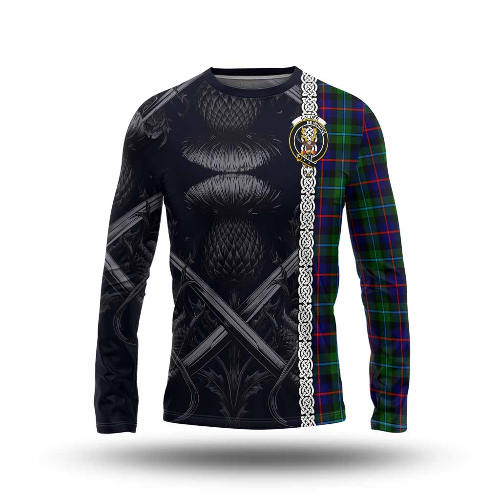 Calder Tartan Long Sleeve T-Shirt with Family Crest Cross Sword Thistle Celtic Vibes Unisex - Tartan Vibes Clothing