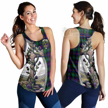 Calder Tartan Women's Racerback Tanks with Family Crest and St. Andrew's Cross Accented by Thistle Vines