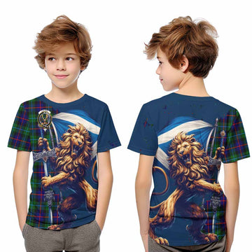 Calder Tartan Family Crest Kid T-Shirt with Scottish Majestic Lion Youth XL Size14 - Tartan Vibes Clothing