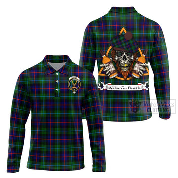 Calder Tartan Long Sleeve Polo Shirt with Family Crest and Bearded Skull Holding Bottles of Whiskey Unisex - Tartan Vibes Clothing