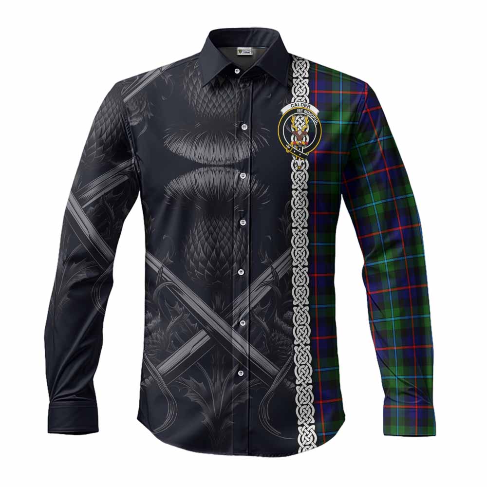 Tartan Vibes Clothing Calder Tartan Long Sleeve Button Shirt with Family Crest Cross Sword Thistle Celtic Vibes