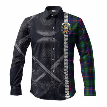 Tartan Vibes Clothing Calder Tartan Long Sleeve Button Shirt with Family Crest Cross Sword Thistle Celtic Vibes