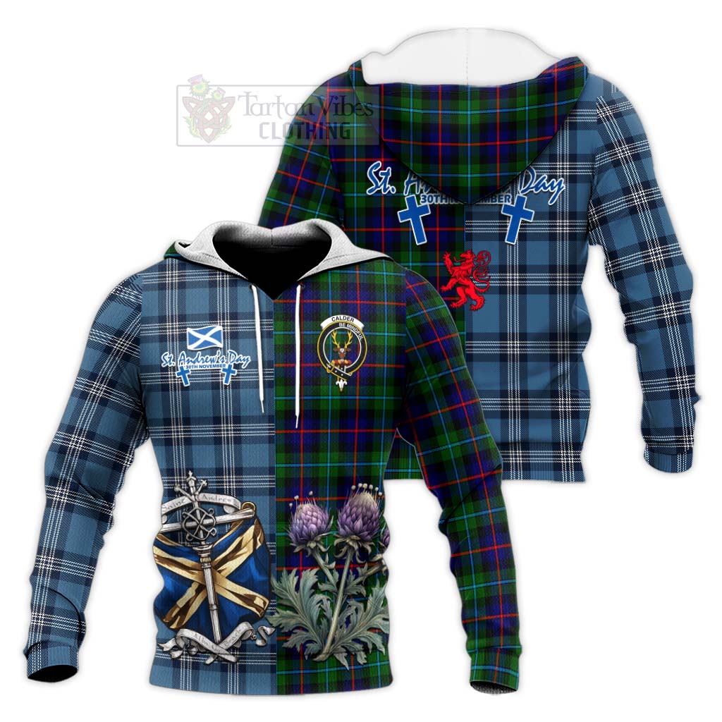 Calder Tartan Knitted Hoodie Happy St. Andrew's Day Half Tartan Style Unisex Knitted Pullover Hoodie - Tartan Vibes Clothing