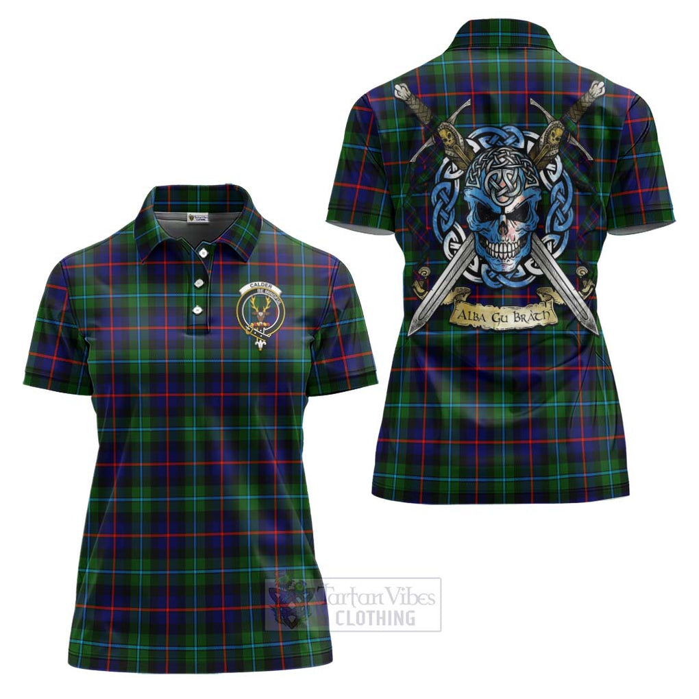 Calder Tartan Women's Polo Shirt with Family Crest Celtic Skull Style Women - Tartan Vibes Clothing