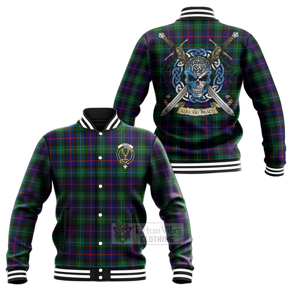Calder Tartan Baseball Jacket with Family Crest Celtic Skull Style Unisex - Tartan Vibes Clothing