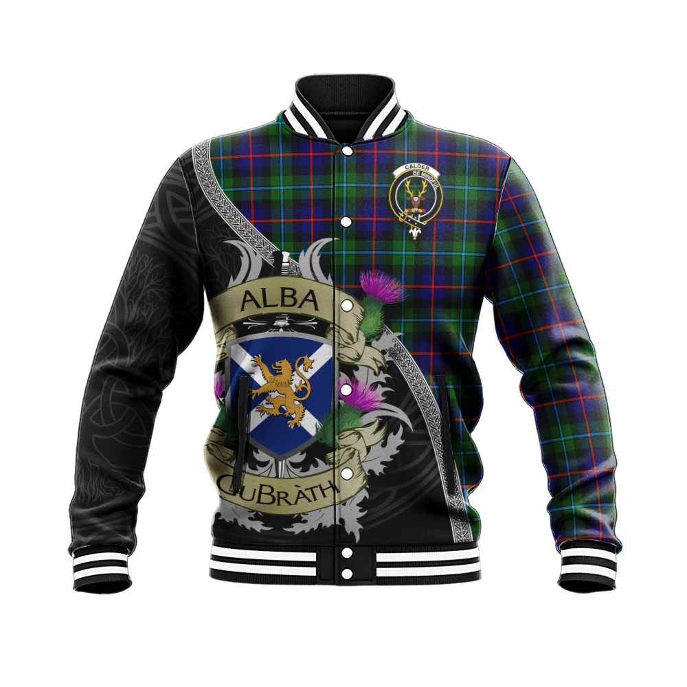 Tartan Vibes Clothing Calder Tartan Family Crest Baseball Jacket Lion Rampant Royal Thistle Shield Celtic Inspired