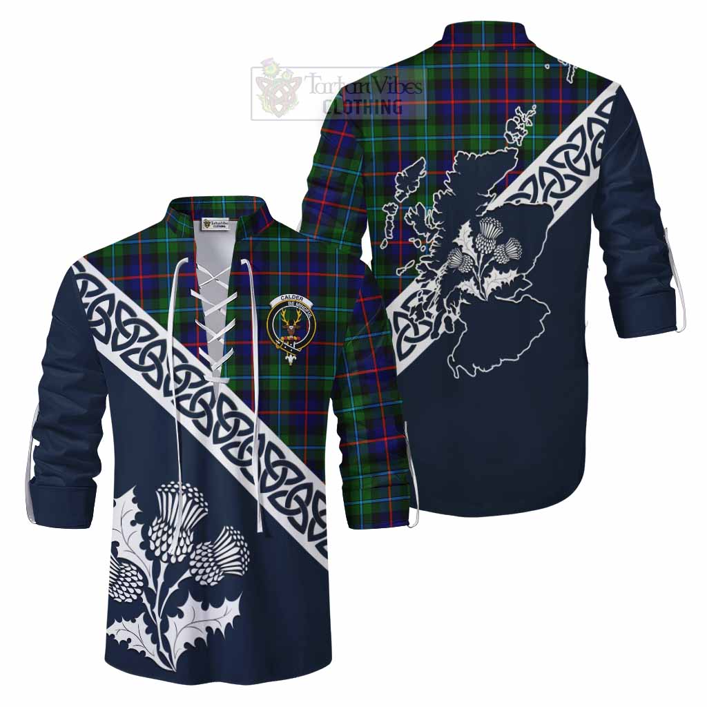 Tartan Vibes Clothing Calder Tartan Ghillie Kilt Shirt Featuring Thistle and Scotland Map