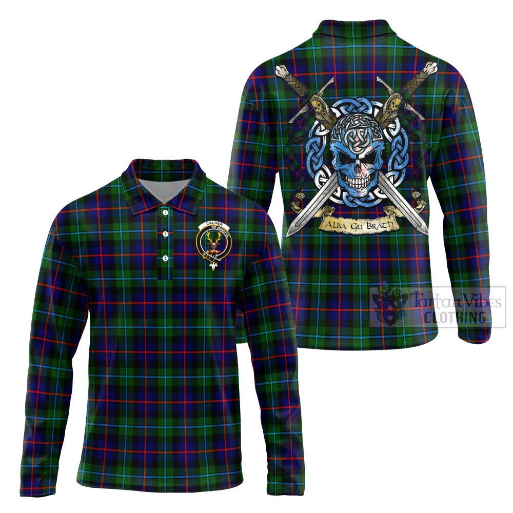 Calder Tartan Long Sleeve Polo Shirt with Family Crest Celtic Skull Style Unisex - Tartan Vibes Clothing