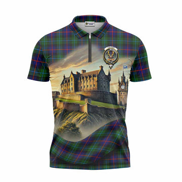 Tartan Vibes Clothing Calder Tartan Family Crest Zipper Polo Shirt with Scottish Ancient Castle Stype