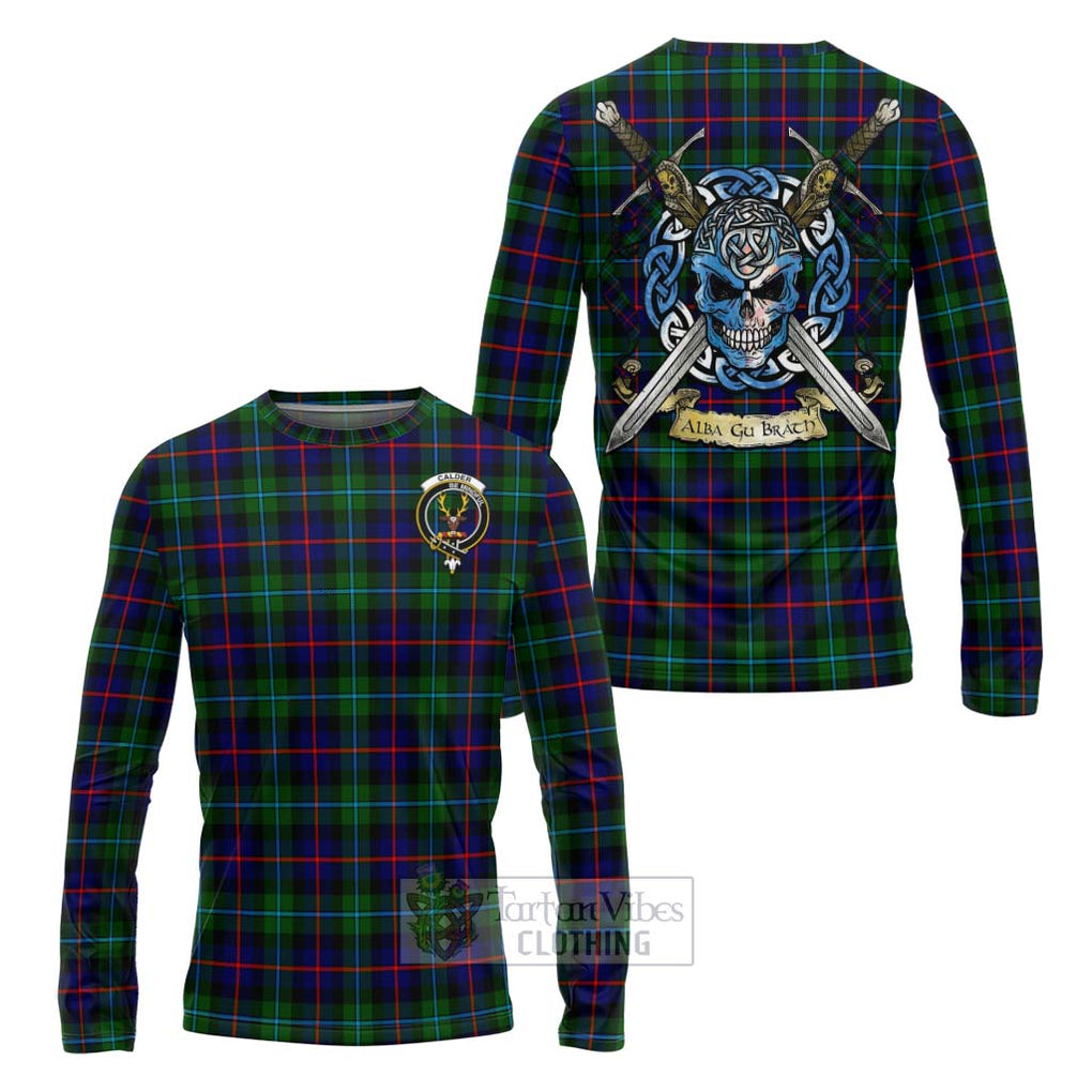 Calder Tartan Long Sleeve T-Shirt with Family Crest Celtic Skull Style Unisex - Tartan Vibes Clothing