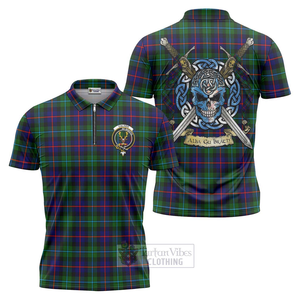 Calder Tartan Zipper Polo Shirt with Family Crest Celtic Skull Style Unisex - Tartan Vibes Clothing