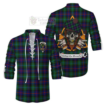 Tartan Vibes Clothing Calder Tartan Ghillie Kilt Shirt with Family Crest and Bearded Skull Holding Bottles of Whiskey