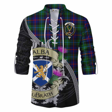Calder Tartan Family Crest Ghillie Kilt Shirt Lion Rampant Royal Thistle Shield Celtic Inspired Men - Tartan Vibes Clothing