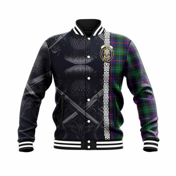 Calder Tartan Baseball Jacket with Family Crest Cross Sword Thistle Celtic Vibes Unisex - Tartan Vibes Clothing