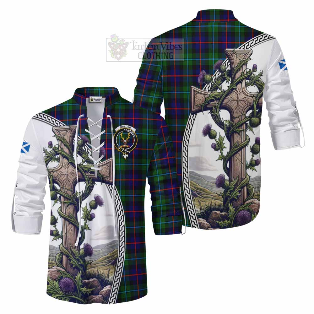 Tartan Vibes Clothing Calder Tartan Ghillie Kilt Shirt with Family Crest and St. Andrew's Cross Accented by Thistle Vines