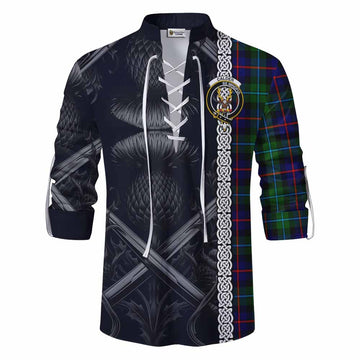 Tartan Vibes Clothing Calder Tartan Ghillie Kilt Shirt with Family Crest Cross Sword Thistle Celtic Vibes