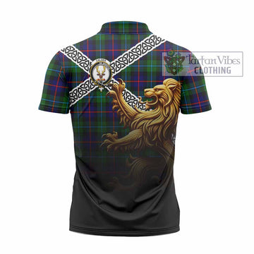 Calder Crest Tartan Zipper Polo Shirt with Golden Lion Emblem Celtic Style - Tartan Vibes Clothing