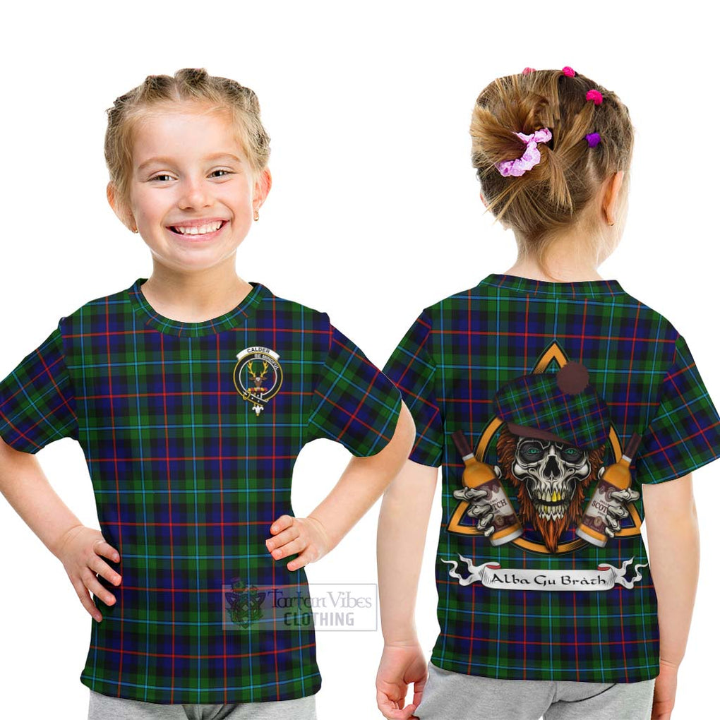 Tartan Vibes Clothing Calder Tartan Kid T-Shirt with Family Crest and Bearded Skull Holding Bottles of Whiskey