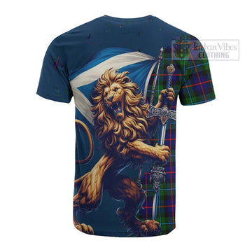Calder Tartan Family Crest Cotton T-shirt with Scottish Majestic Lion - Tartan Vibes Clothing