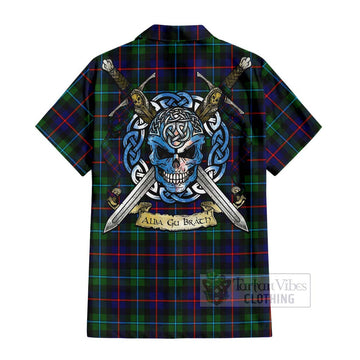 Tartan Vibes Clothing Calder Tartan Short Sleeve Button Shirt with Family Crest Celtic Skull Style