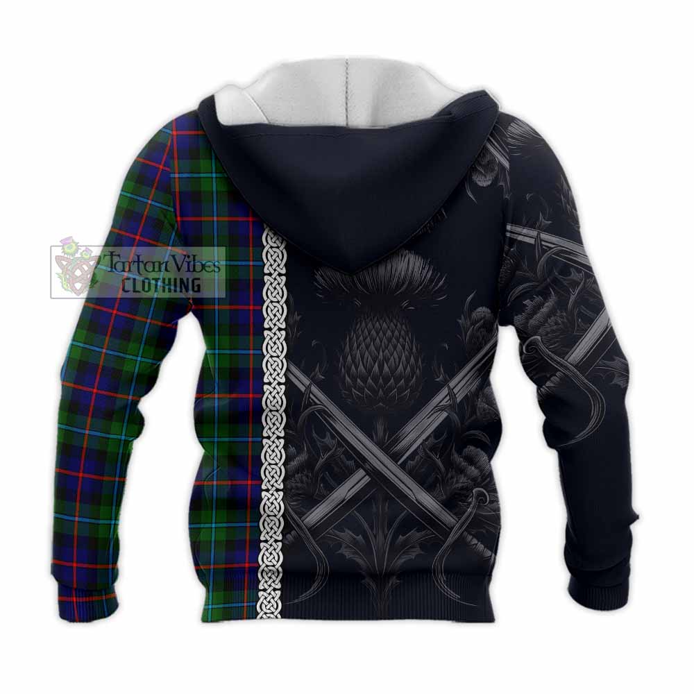 Tartan Vibes Clothing Calder Tartan Knitted Hoodie with Family Crest Cross Sword Thistle Celtic Vibes