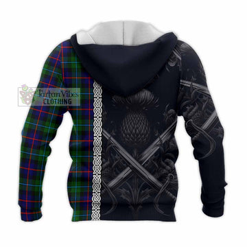 Calder Tartan Knitted Hoodie with Family Crest Cross Sword Thistle Celtic Vibes