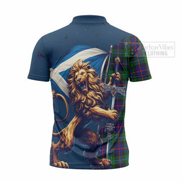 Tartan Vibes Clothing Calder Tartan Family Crest Zipper Polo Shirt with Scottish Majestic Lion