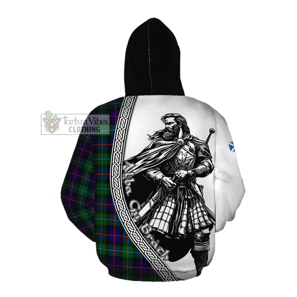 Tartan Vibes Clothing Calder Tartan Clan Crest Cotton Hoodie with Highlander Warrior Celtic Style