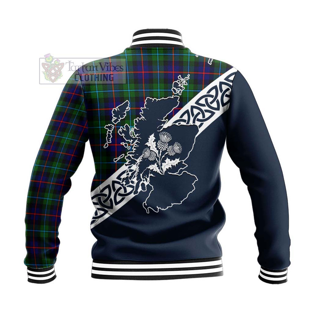 Calder Tartan Baseball Jacket Featuring Thistle and Scotland Map - Tartan Vibes Clothing