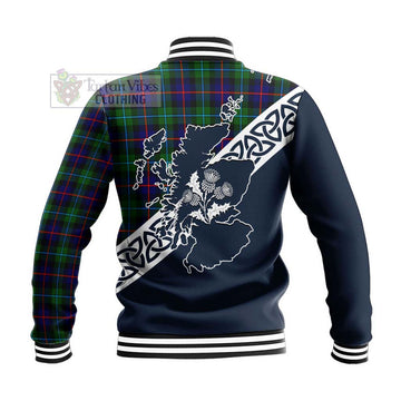 Calder Tartan Baseball Jacket Featuring Thistle and Scotland Map - Tartan Vibes Clothing