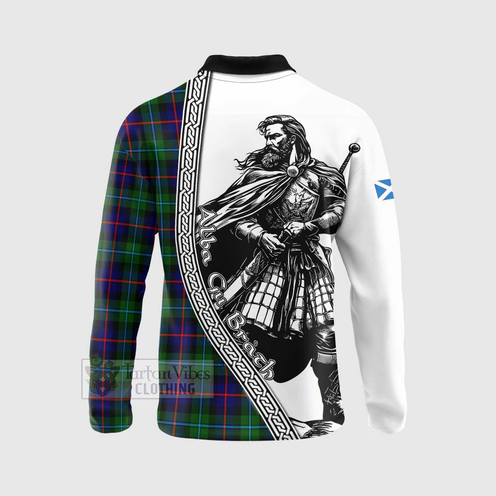 Calder Tartan Clan Crest Long Sleeve Polo Shirt with Highlander Warrior Celtic Style - Tartan Vibes Clothing