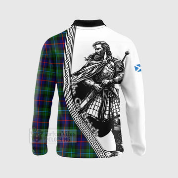 Calder Tartan Clan Crest Long Sleeve Polo Shirt with Highlander Warrior Celtic Style - Tartan Vibes Clothing