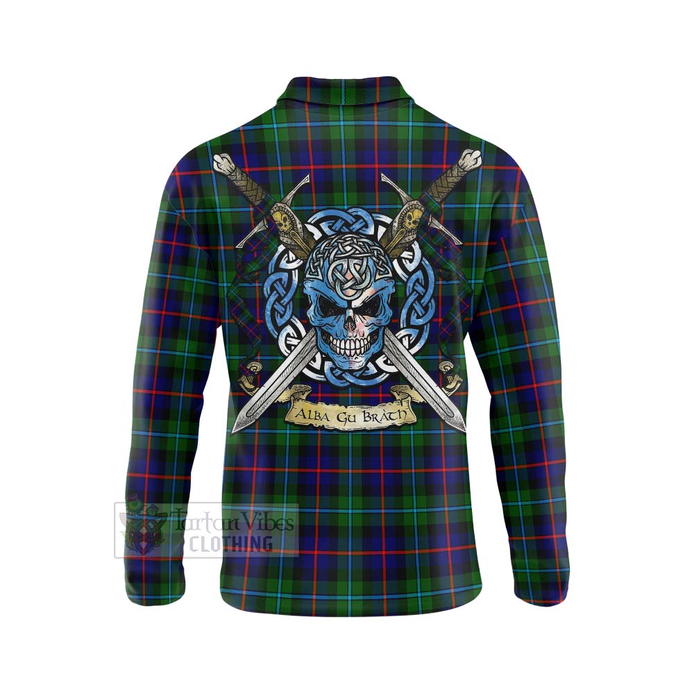 Calder Tartan Long Sleeve Polo Shirt with Family Crest Celtic Skull Style - Tartan Vibes Clothing