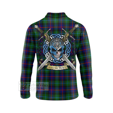 Calder Tartan Long Sleeve Polo Shirt with Family Crest Celtic Skull Style - Tartan Vibes Clothing