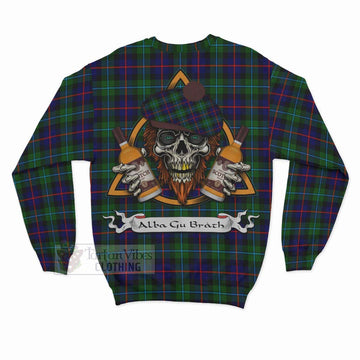 Calder Tartan Sweatshirt with Family Crest and Bearded Skull Holding Bottles of Whiskey - Tartan Vibes Clothing